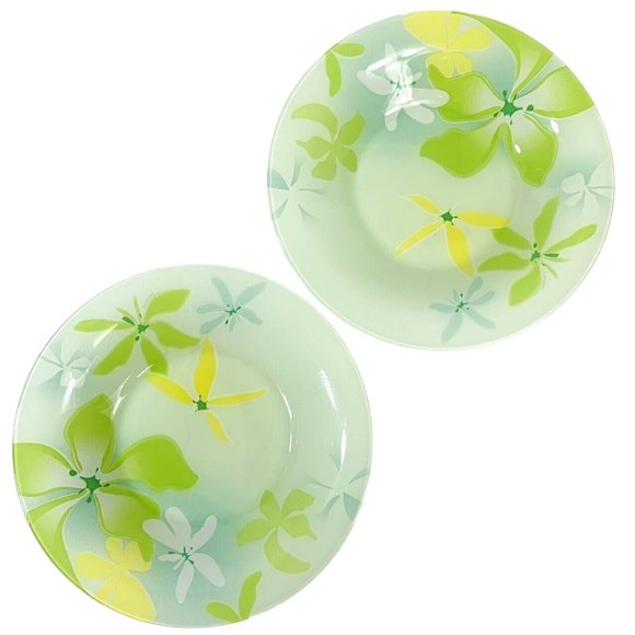 Luminarc 2 Dinner Plates 2 Salad Bowls Green Ode Tempered Glass Tableware Floral - Picture 9 of 11